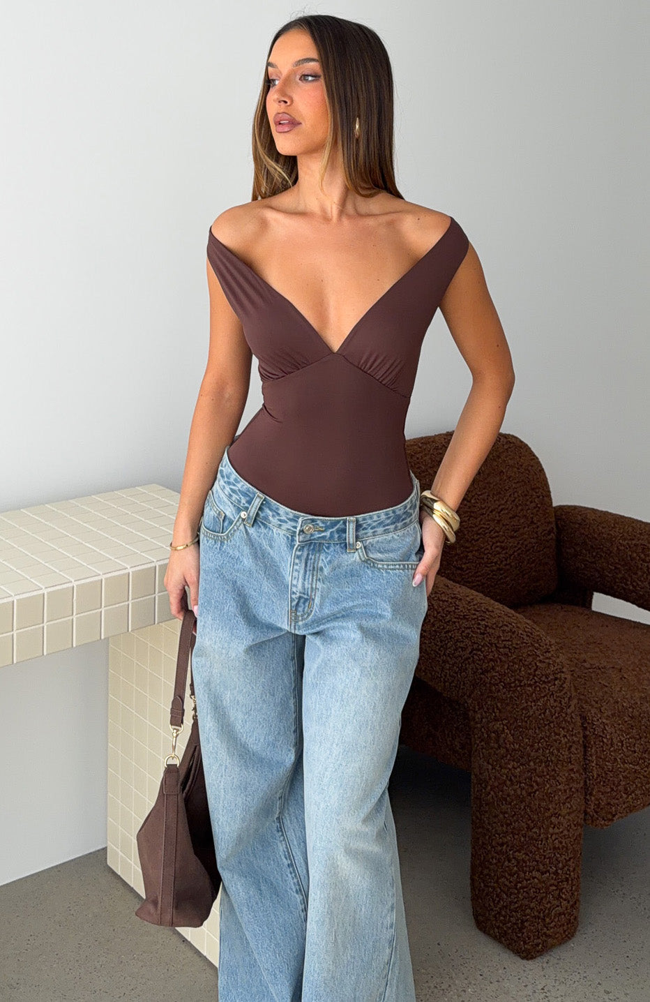Trending Into The Mix V Neck Bodysuit Chocolate