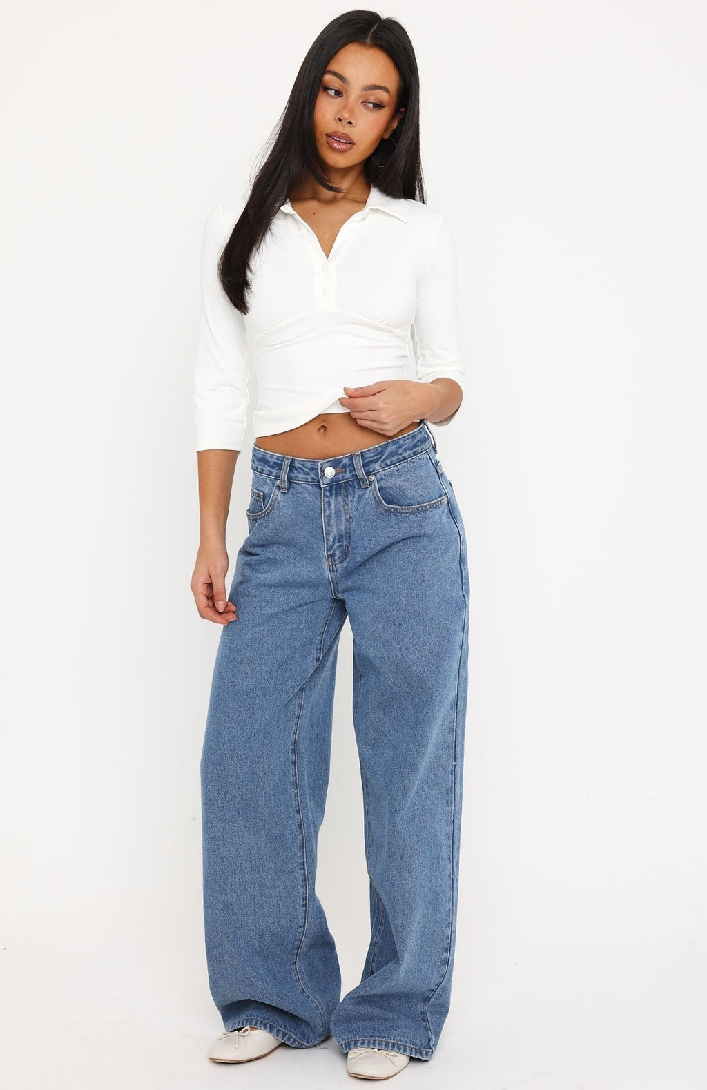Trending Just My Type Mid Rise Wide Leg Jeans Classic Blue