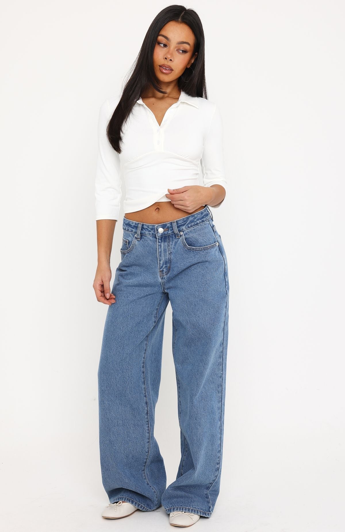 Trending Just My Type Mid Rise Wide Leg Jeans Classic Blue