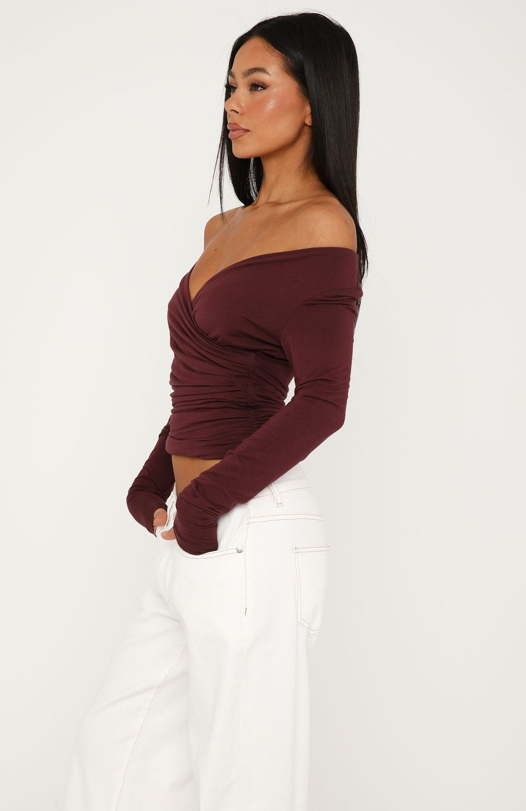 Trending Sparks Fly Cinched Waist Off Shoulder Long Sleeve Top Cherry Chocolate