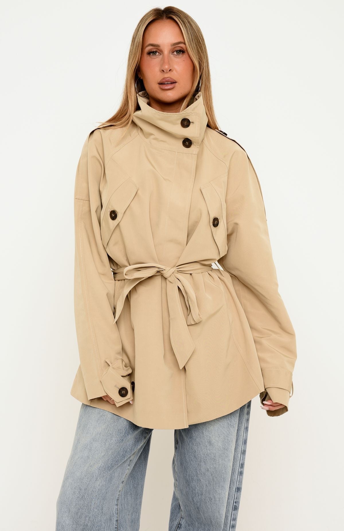 Trending Thessaly Funnel Neck Cropped Trench Jacket Sand
