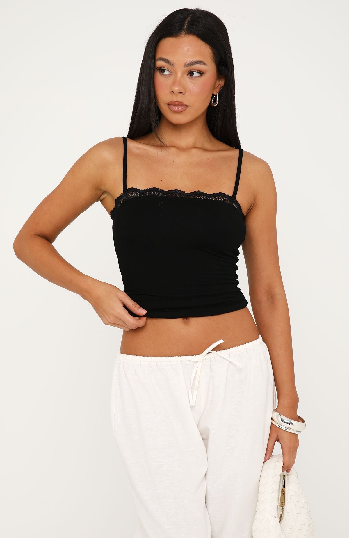 Trending Easy Love Lace Trim Tank Top Black