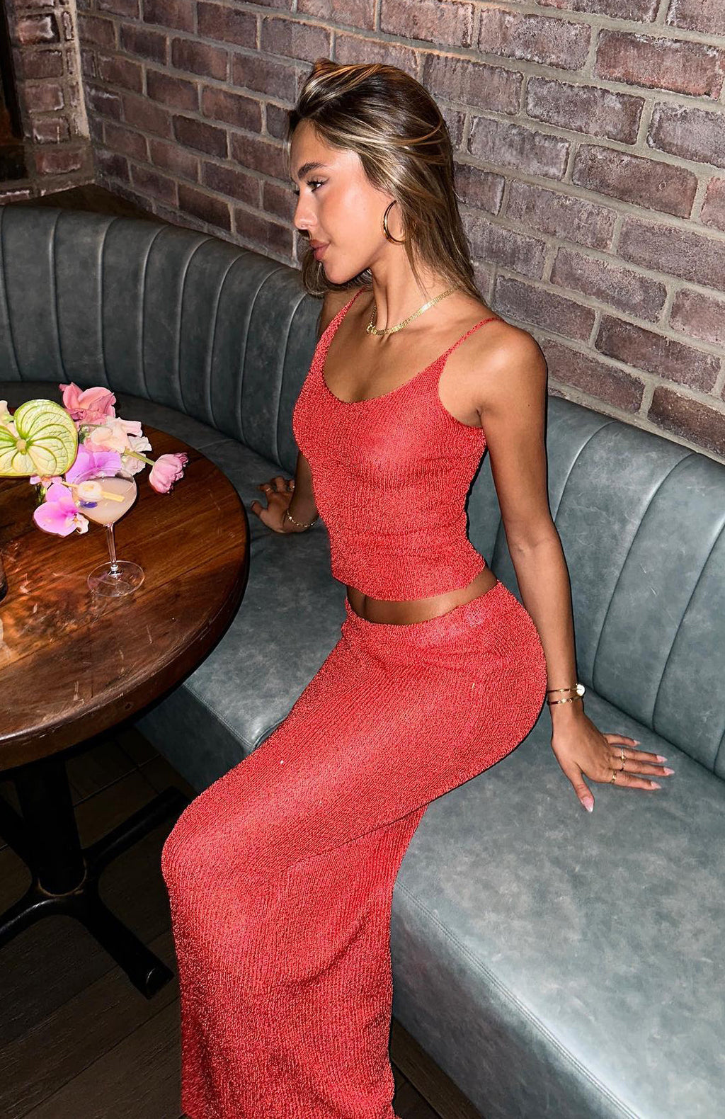 Trending Star Shining Sequin Knit Maxi Skirt Red