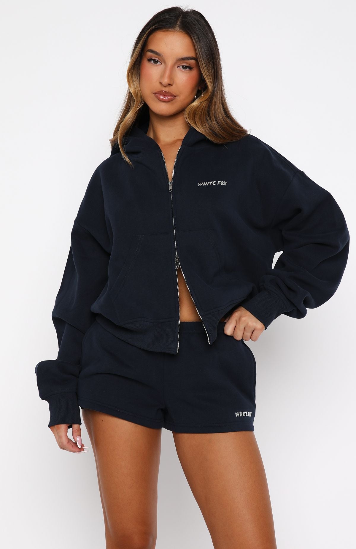 Trending Test Drive Boxy Zip Front Hoodie Dark Navy