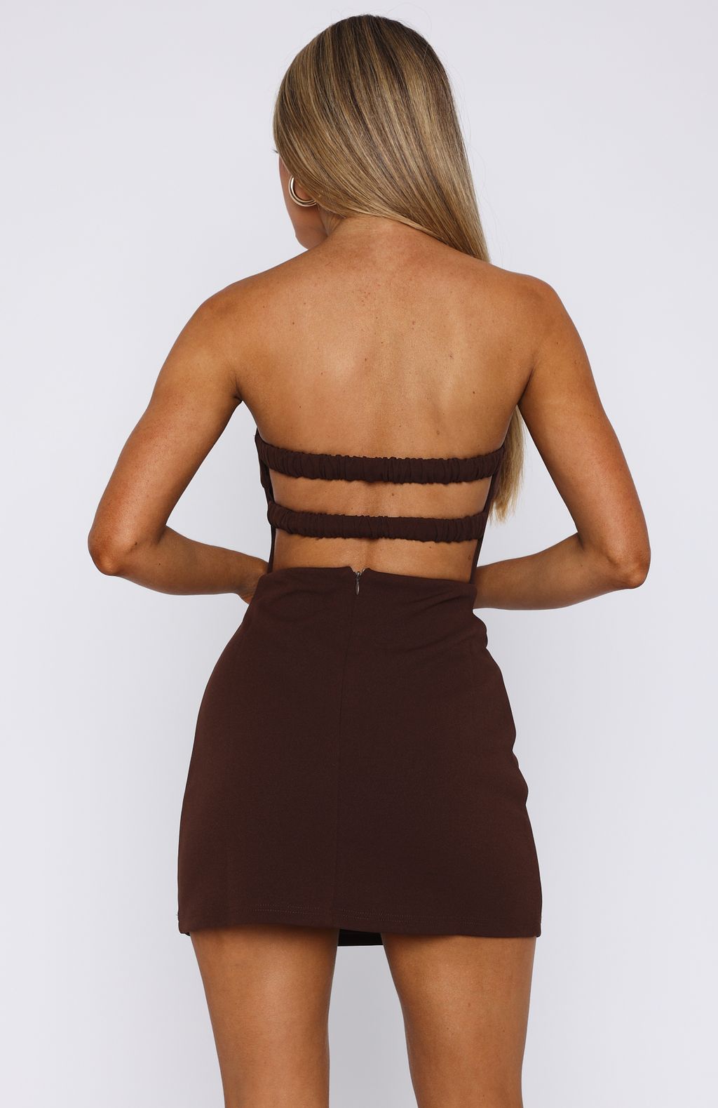 Trending Keep Falling Strapless Mini Dress Chocolate