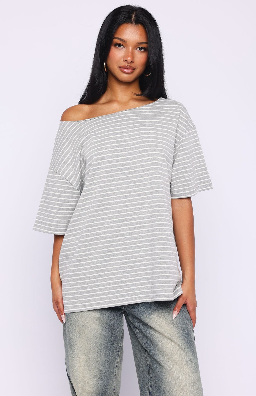 Trending Give Me Options Off Shoulder Tee GreyWhite Stripe
