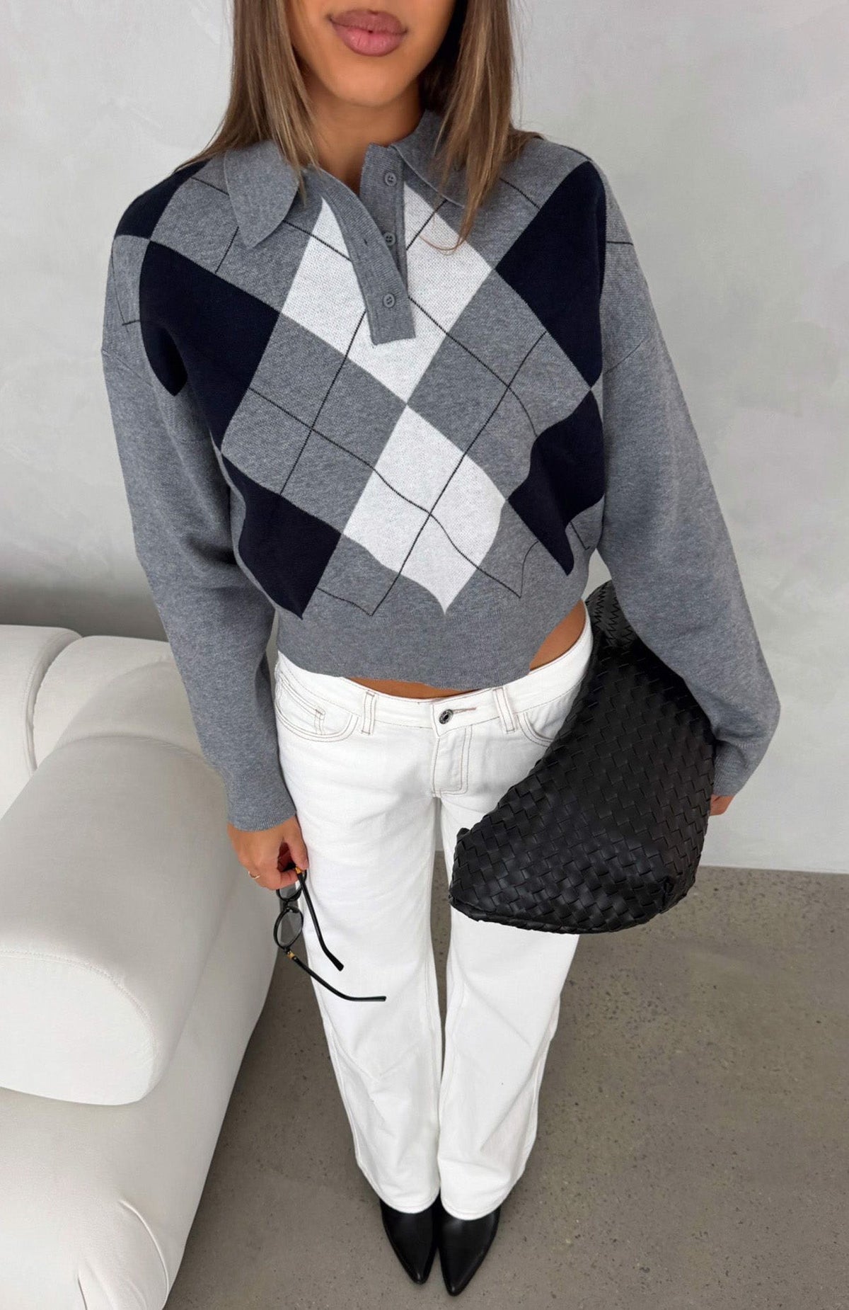 Trending Cinzia Argyle Knit Sweater Navy Winter