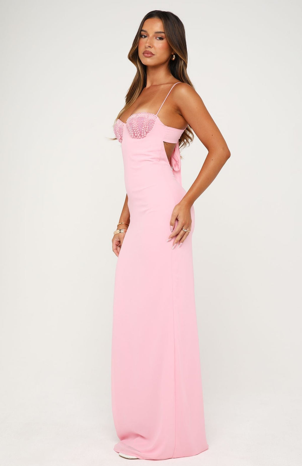 Trending Motel Mermaid Beaded Maxi Dress Candy Pink