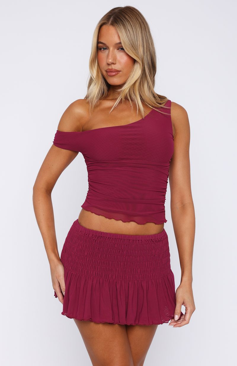 Trending Break The Limits Shirred Mini Skirt Berry