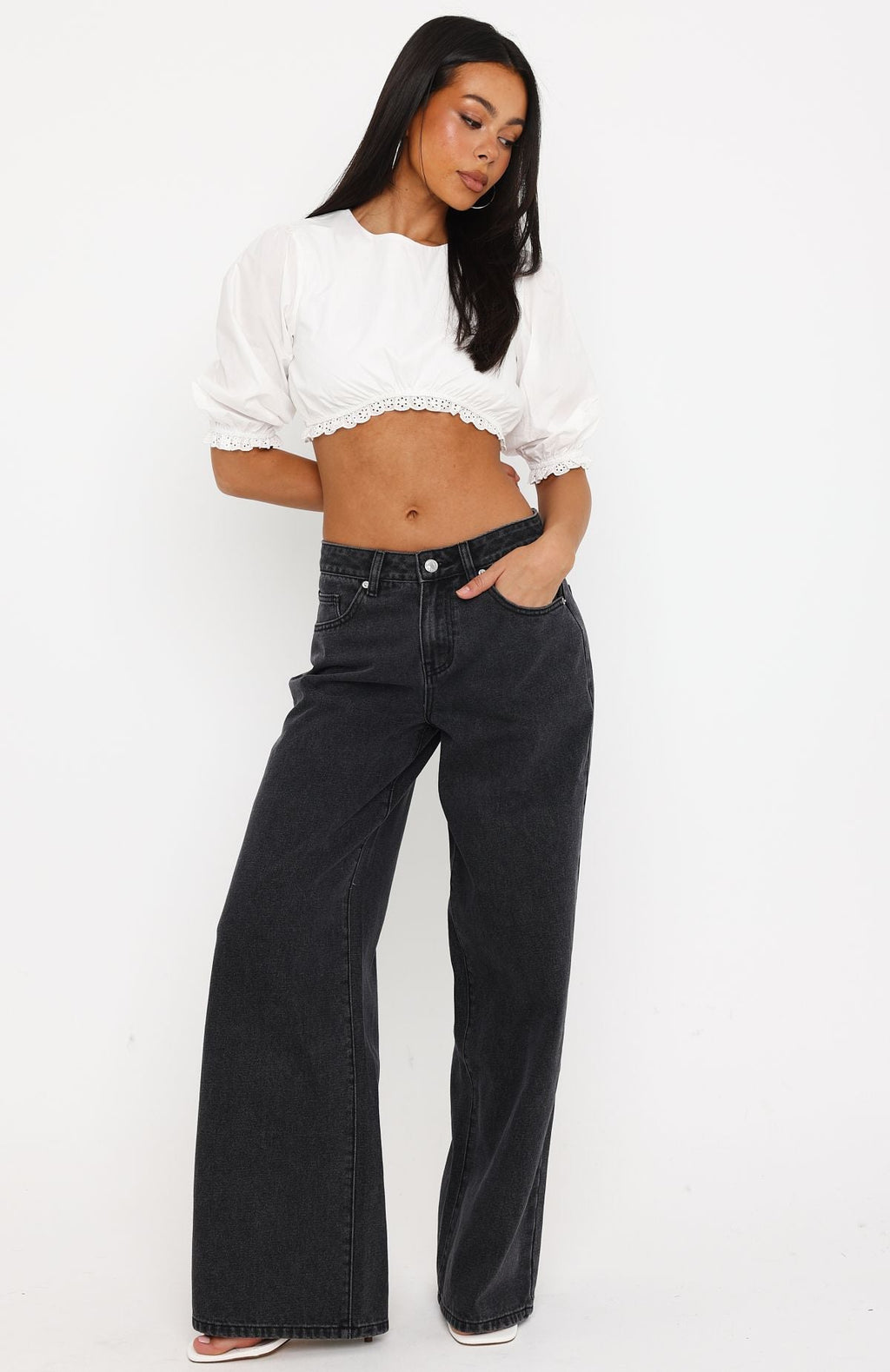 Trending Just My Type Mid Rise Wide Leg Jeans Black Acid Wash
