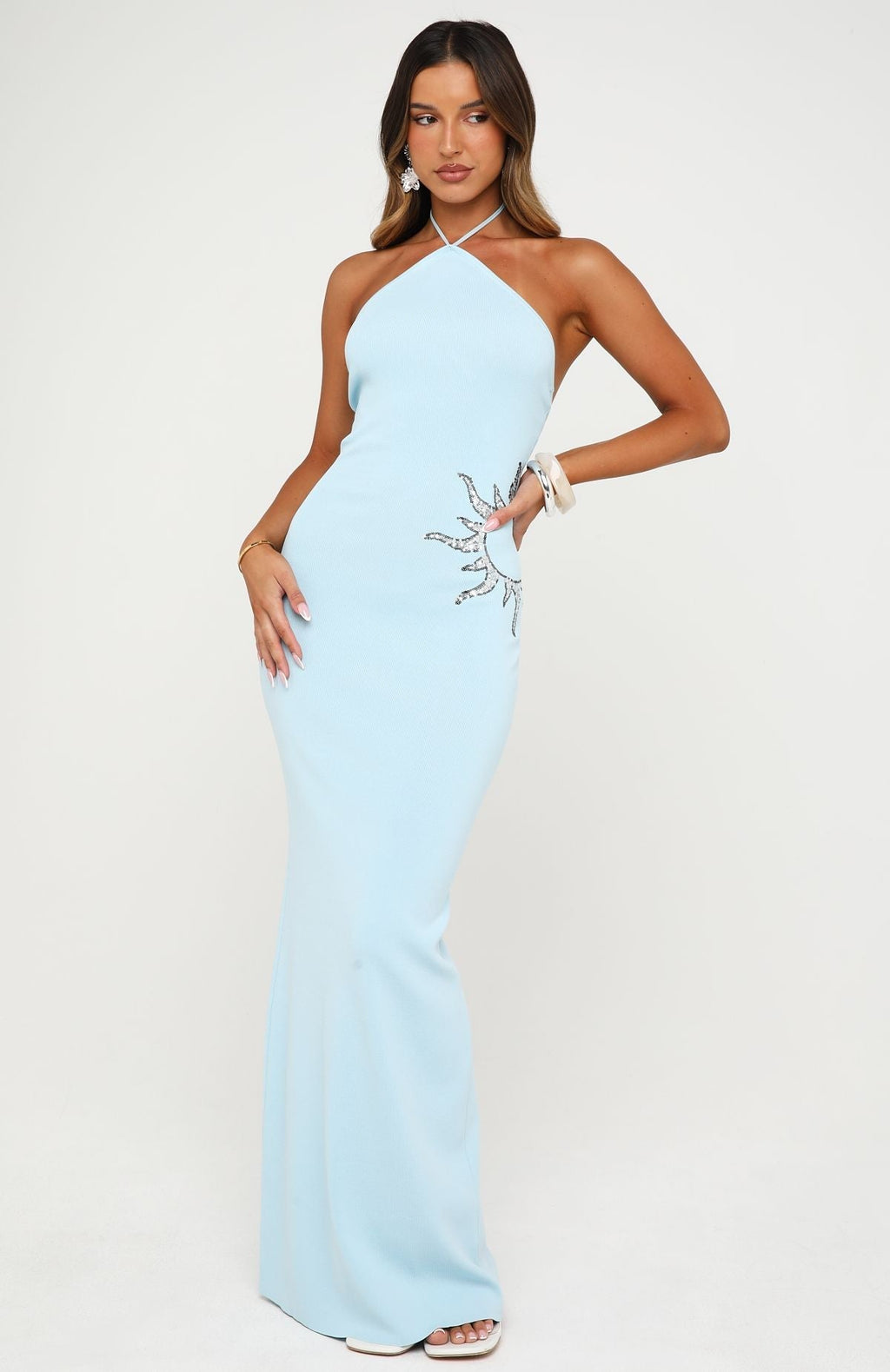 Trending Sunflare Knit Maxi Dress Ice Blue