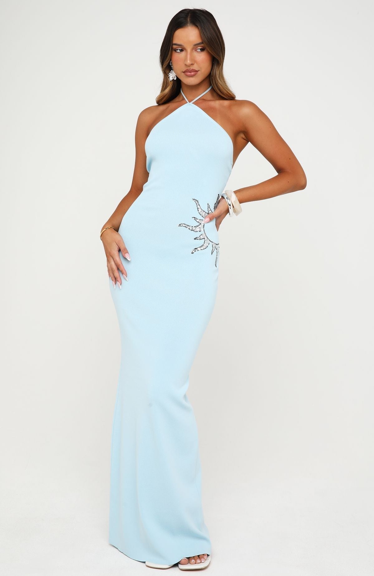 Trending Sunflare Knit Maxi Dress Ice Blue