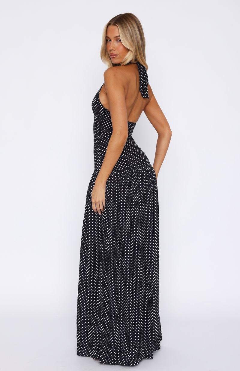 Trending Sweet Temptation Halter Maxi Dress BlackWhite Polka Dot