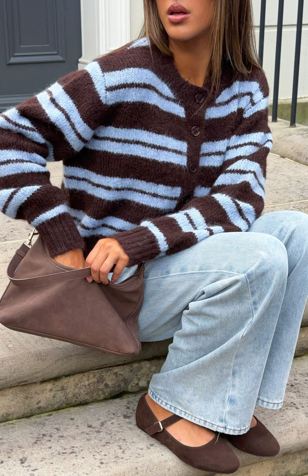 Trending Ice Bae Stripe Knit Cardigan Blueberry Chocolate Stripe