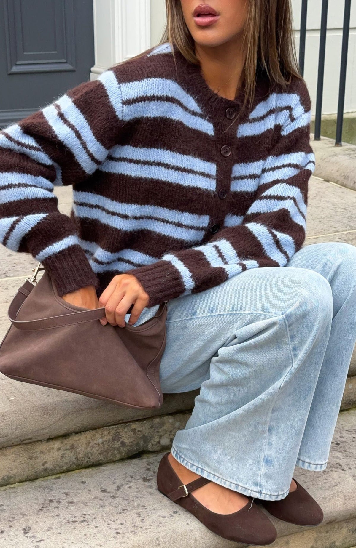 Trending Ice Bae Stripe Knit Cardigan Blueberry Chocolate Stripe