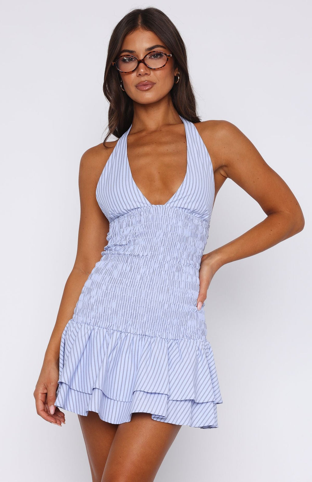 Trending Doll Baby Shirred Mini Dress Sky Stripe