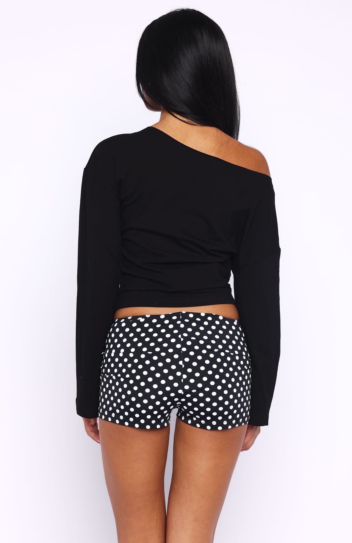 Trending Falling For Him Cinched Waist Off Shoulder Long Sleeve Top Black