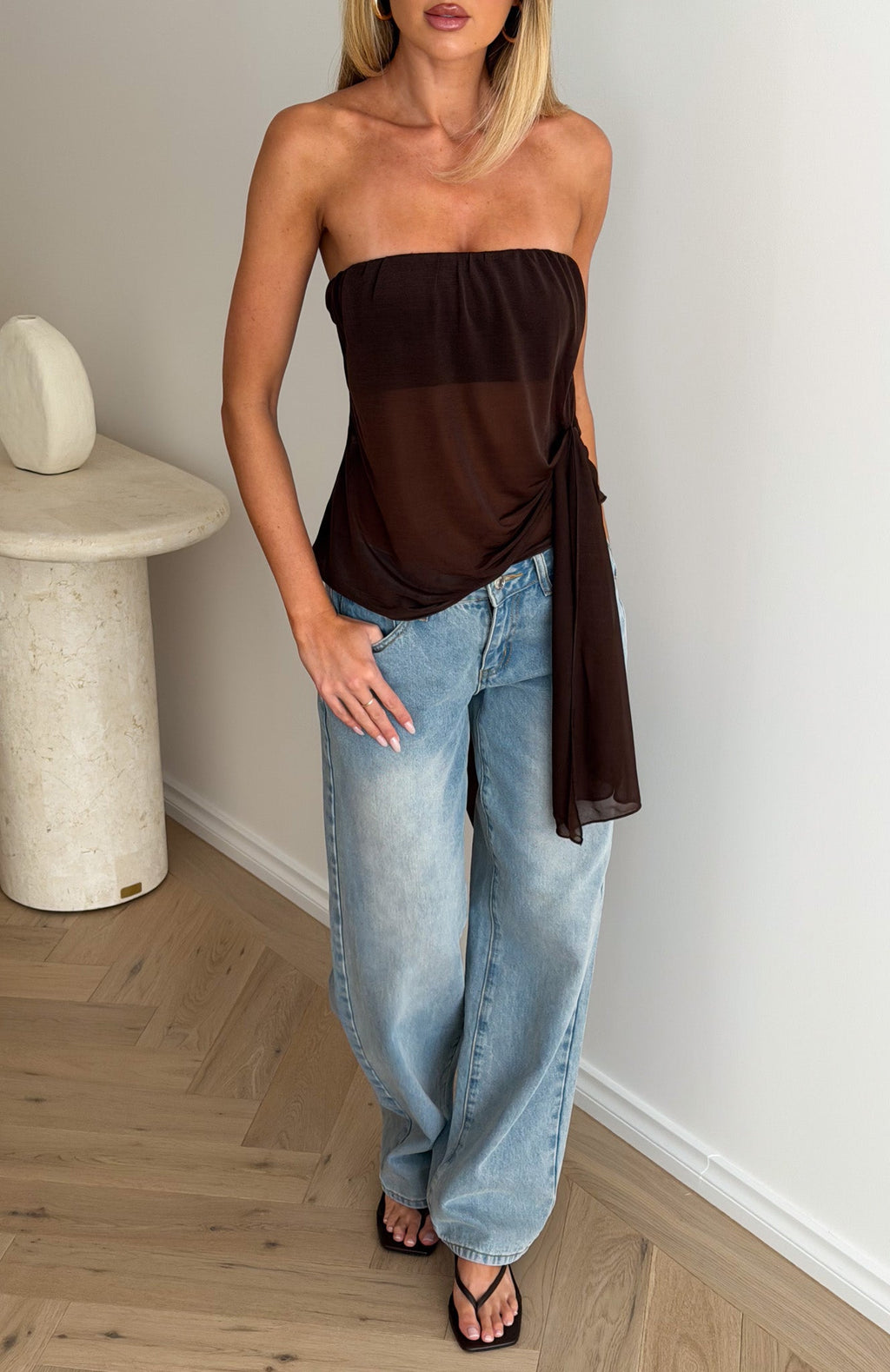 Trending Sheer Intent Strapless Top Chocolate