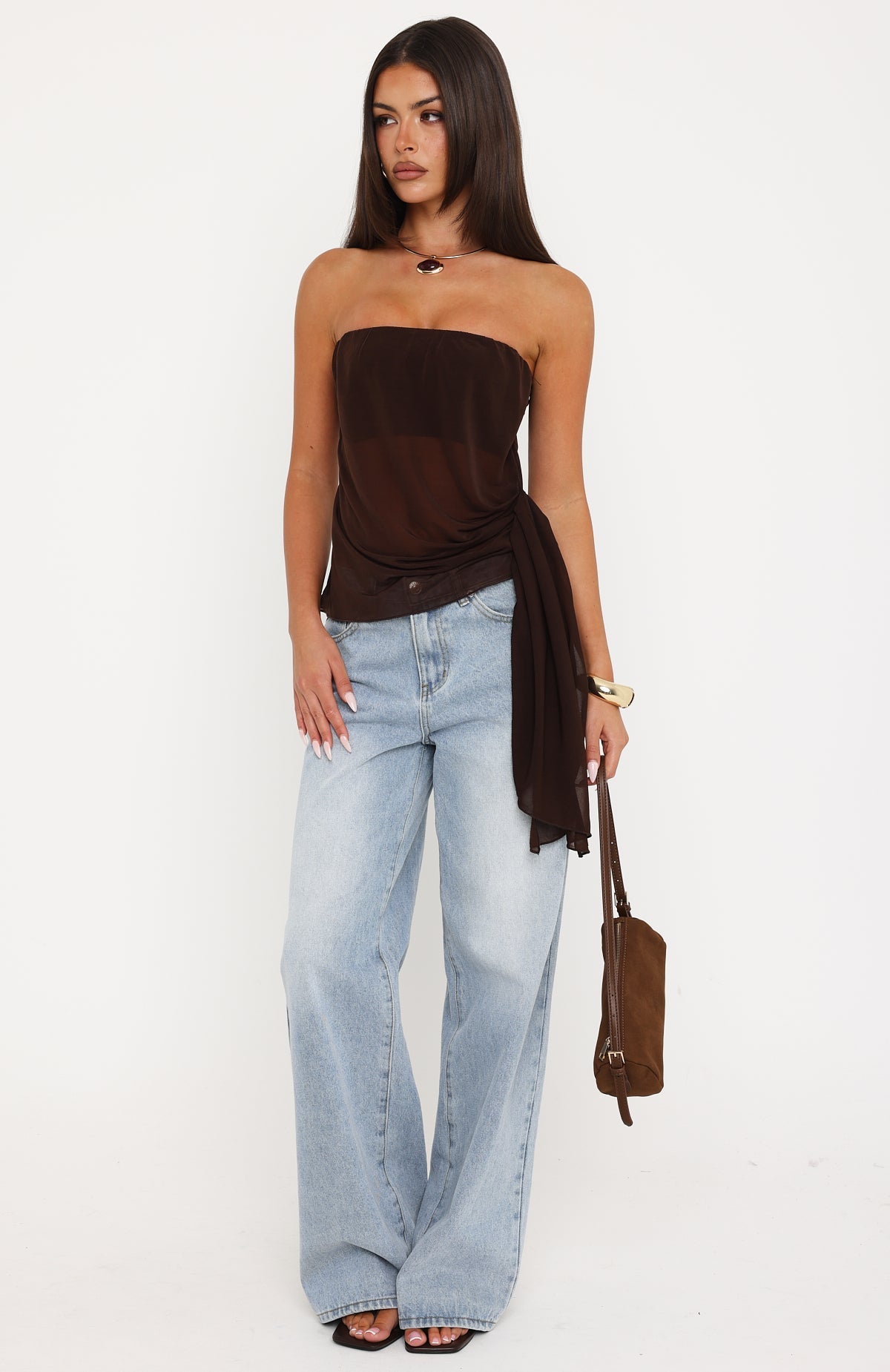 Trending Sheer Intent Strapless Top Chocolate