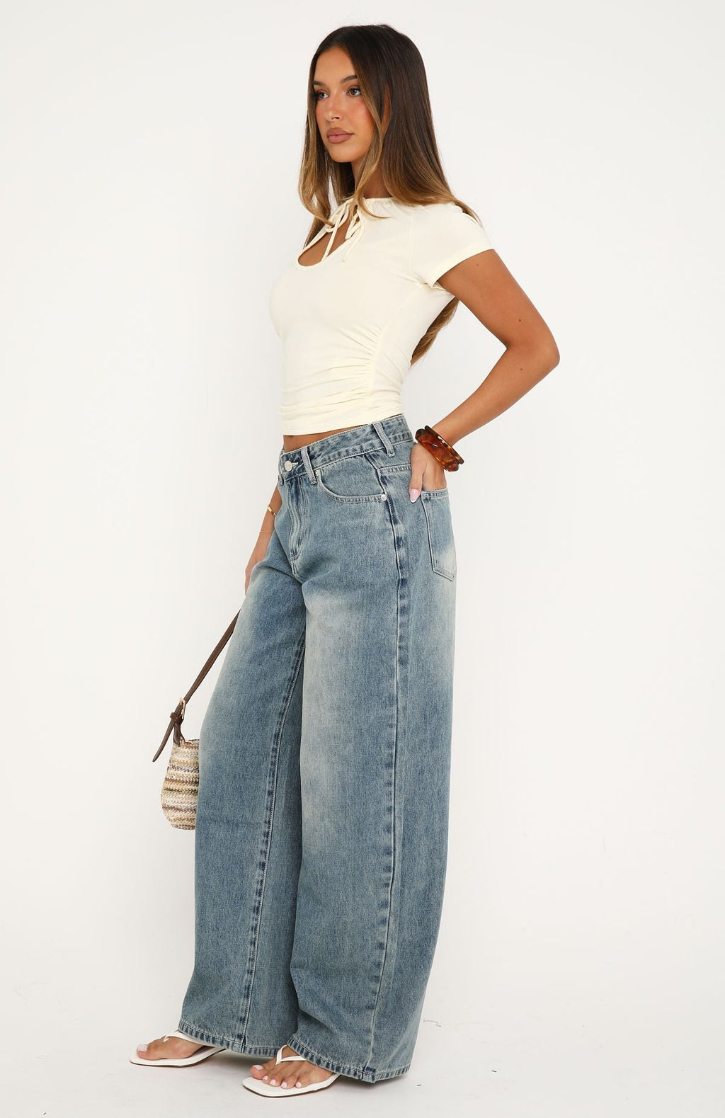 Trending Not My Type Denim Low Rise Wide Leg Jeans Brown Blue Wash