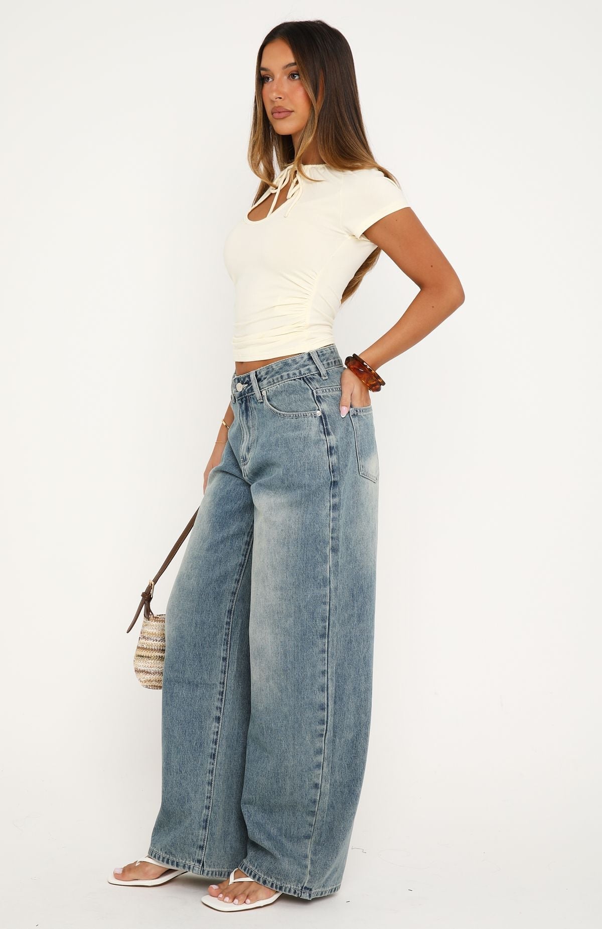 Trending Not My Type Denim Low Rise Wide Leg Jeans Brown Blue Wash