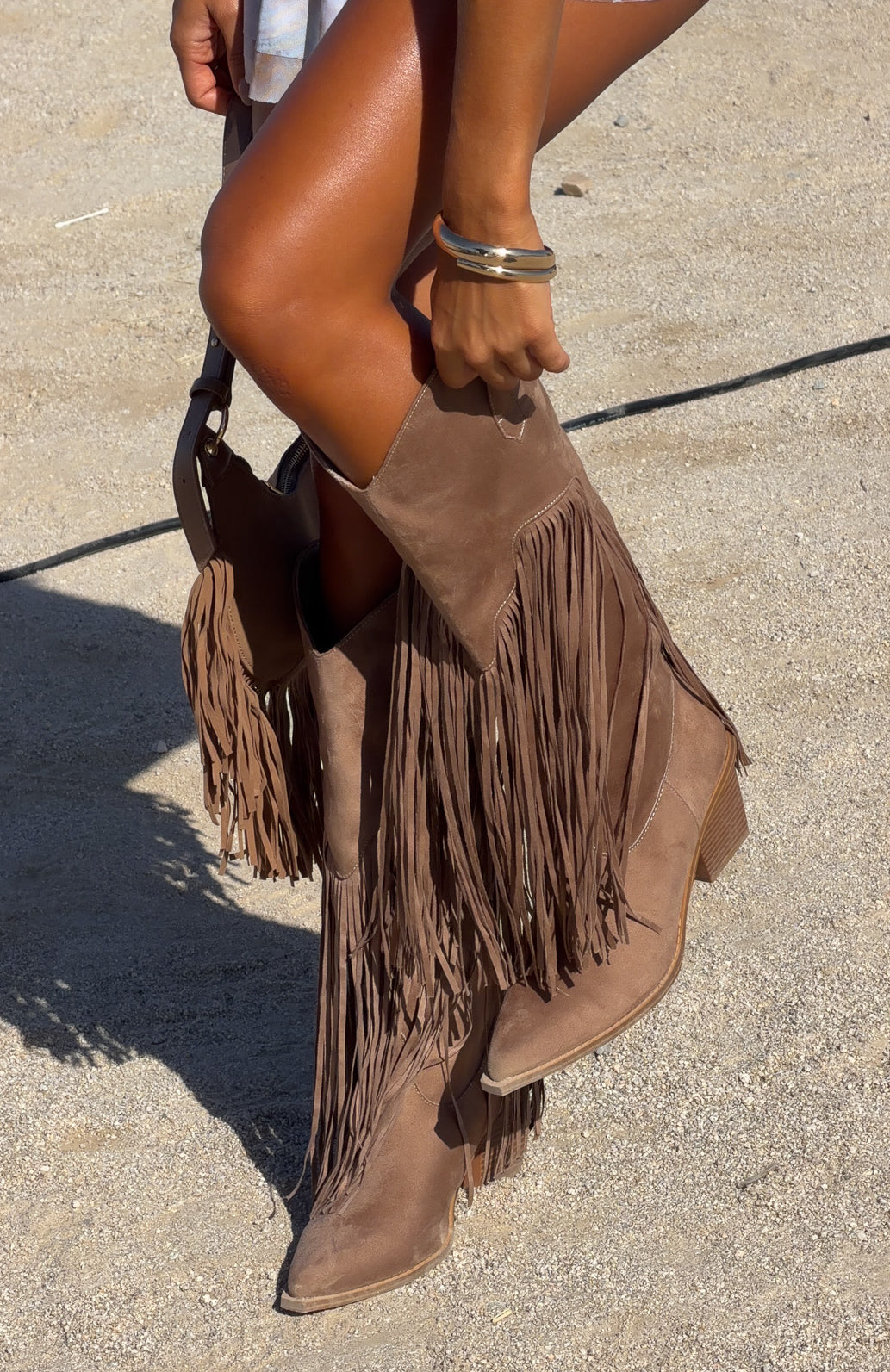 Trending Iniko Cowboy Boot Taupe Faux Suede