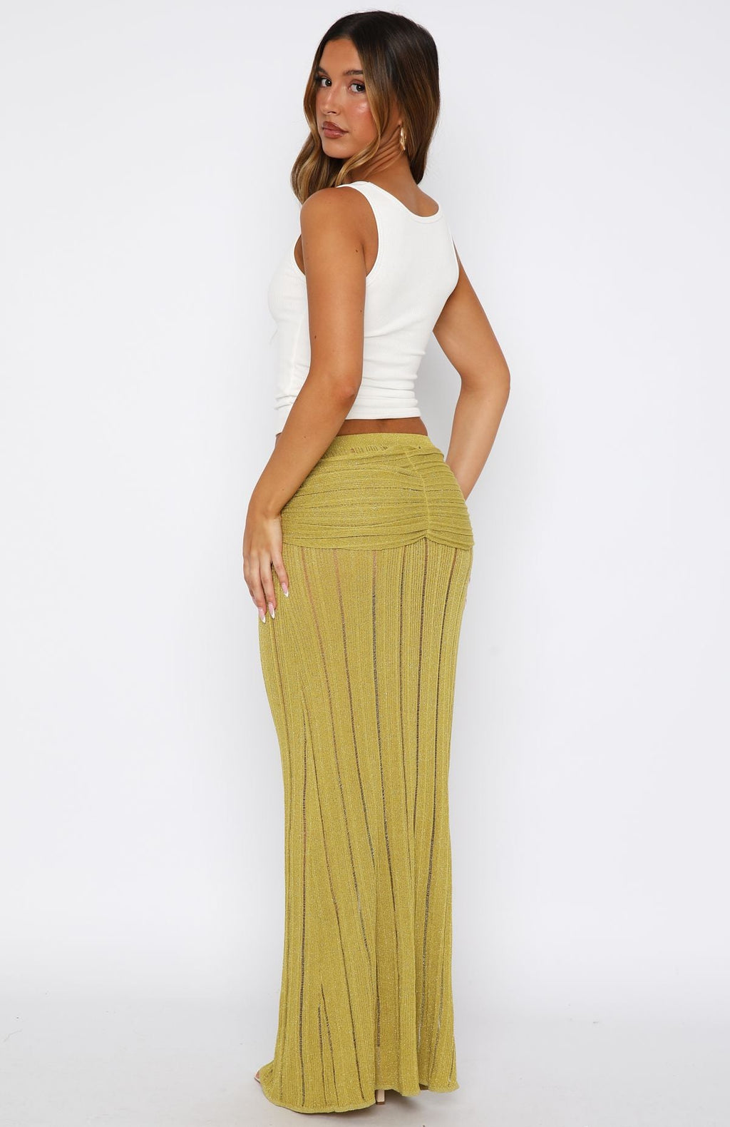 Trending Out At Sea Knit Maxi Skirt Chartreuse