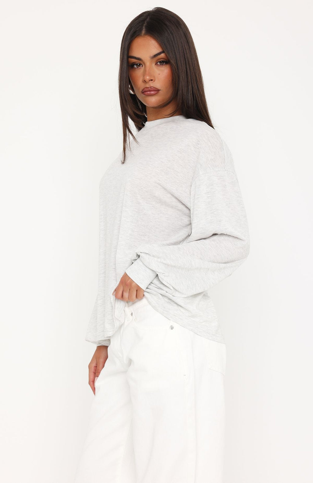 Trending Comfy Girl Oversized Long Sleeve Tee Light Grey Marle