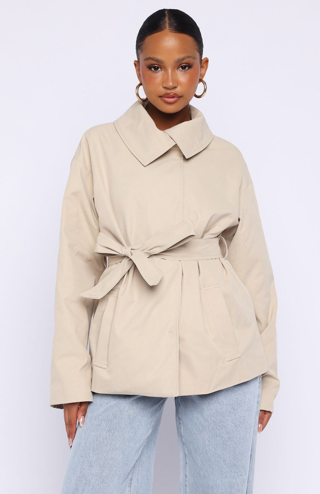 Trending Could Touch Cropped Trench Jacket Sand