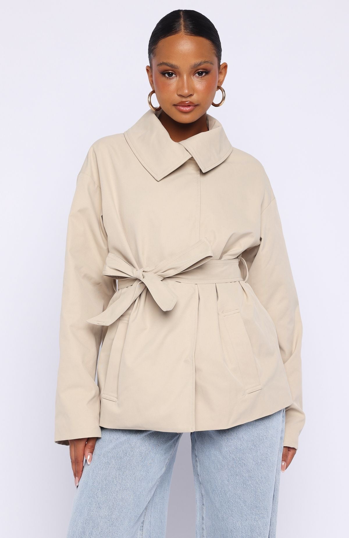 Trending Could Touch Cropped Trench Jacket Sand