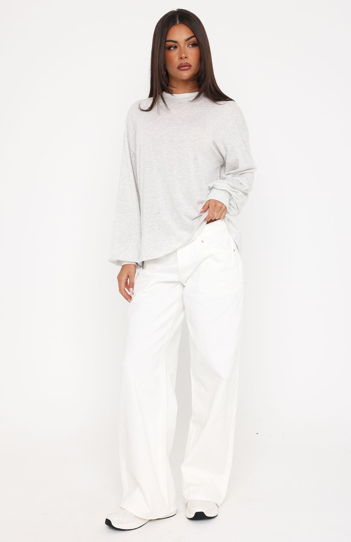 Trending Comfy Girl Oversized Long Sleeve Tee Light Grey Marle