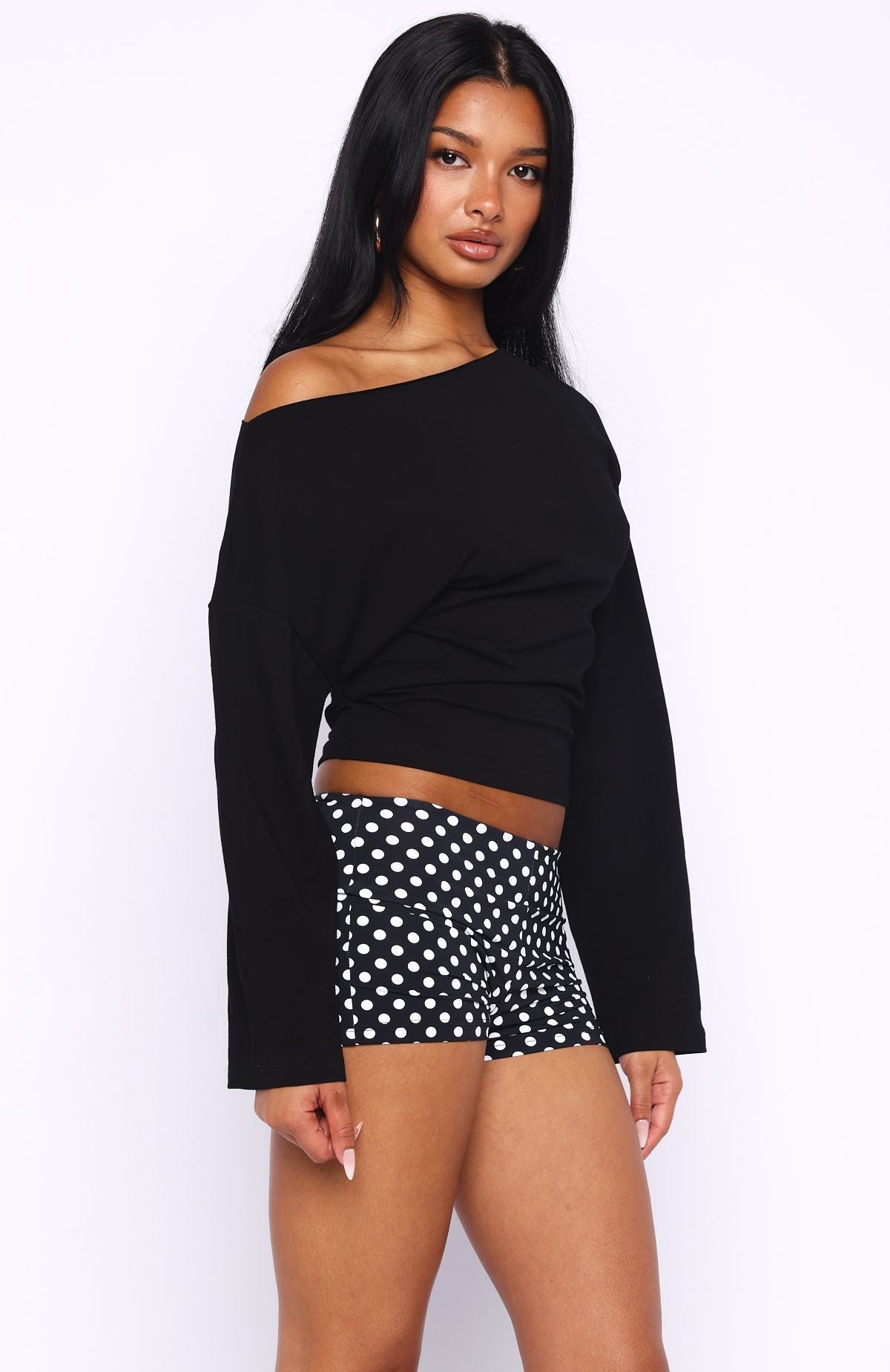 Trending Falling For Him Cinched Waist Off Shoulder Long Sleeve Top Black