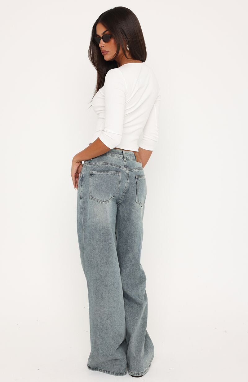 Trending Just My Type Mid Rise Wide Leg Jeans Sand Wash