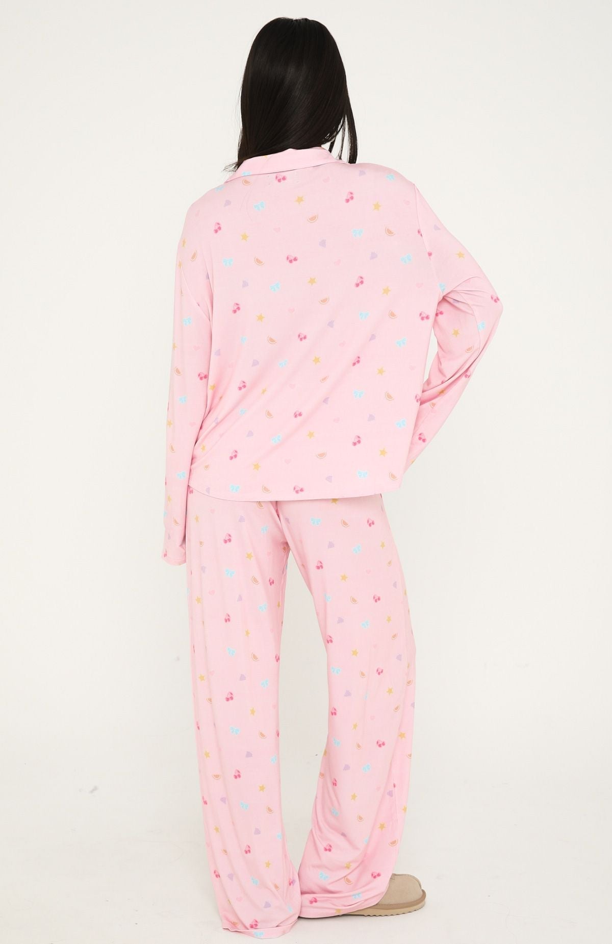 Trending Pillow Talk Printed Long Sleeve Pyjama Set Pink Citrus