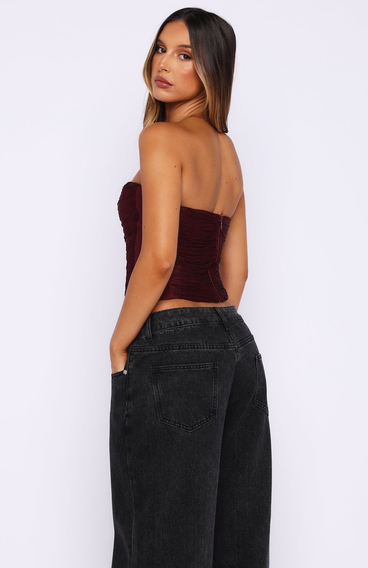 Trending All Too Well Fringe Bustier Burgundy