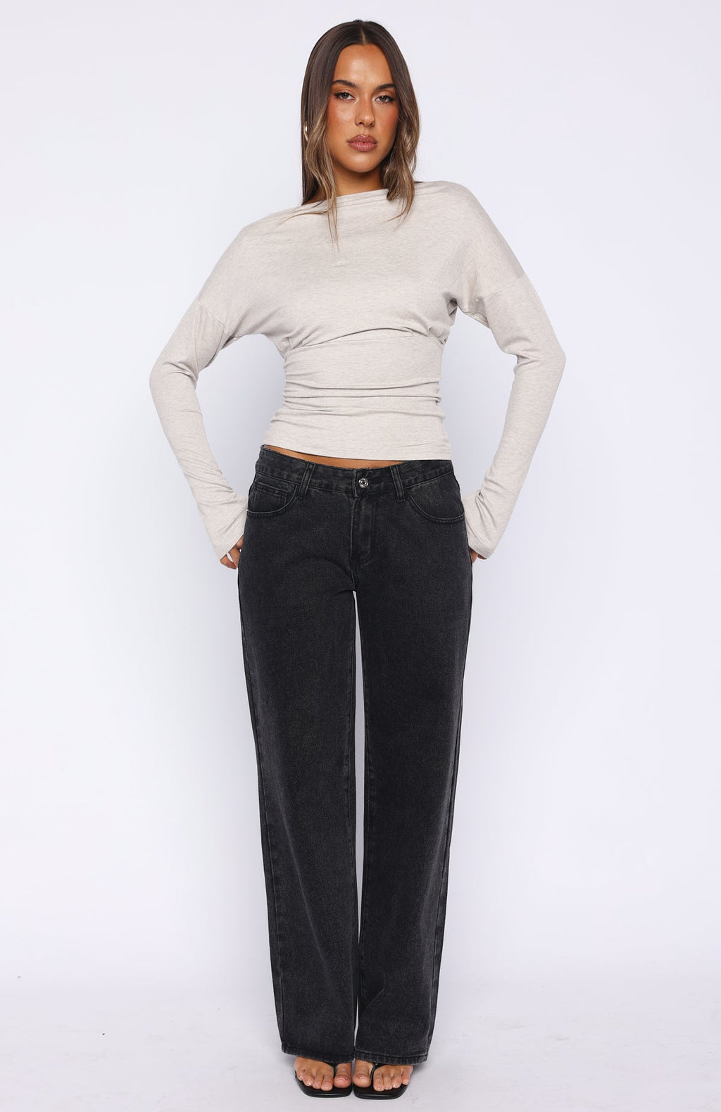 Trending Another Time Cinched Waist Long Sleeve Top Light Grey Marle