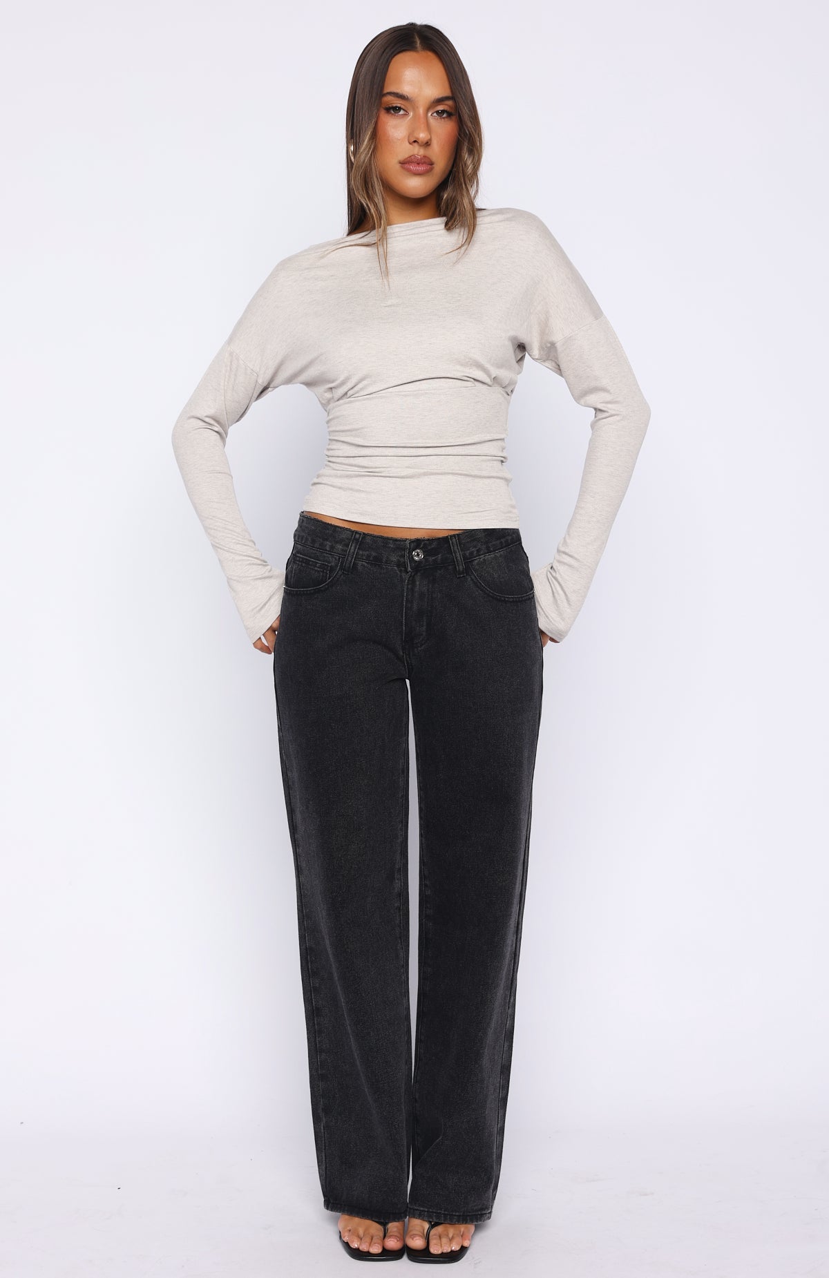 Trending Another Time Cinched Waist Long Sleeve Top Light Grey Marle
