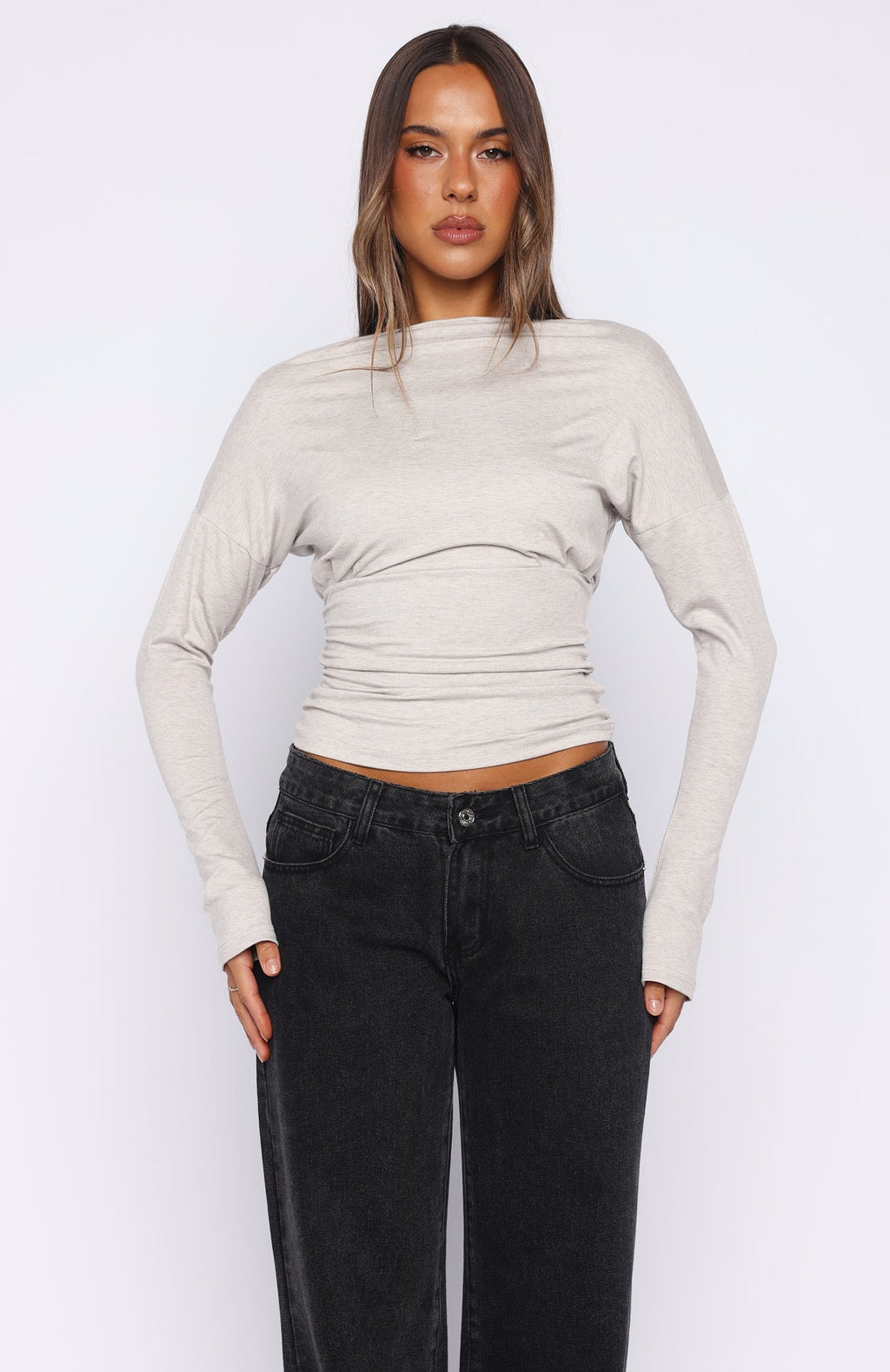 Trending Another Time Cinched Waist Long Sleeve Top Light Grey Marle