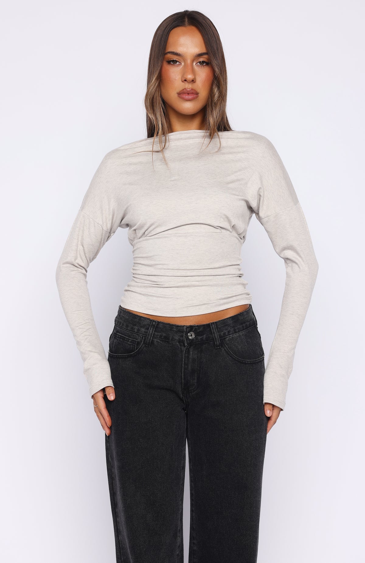 Trending Another Time Cinched Waist Long Sleeve Top Light Grey Marle