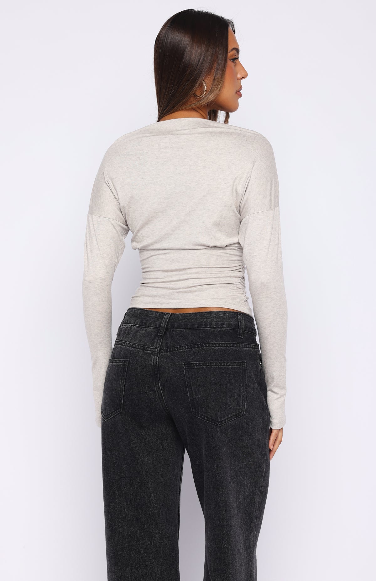 Trending Another Time Cinched Waist Long Sleeve Top Light Grey Marle