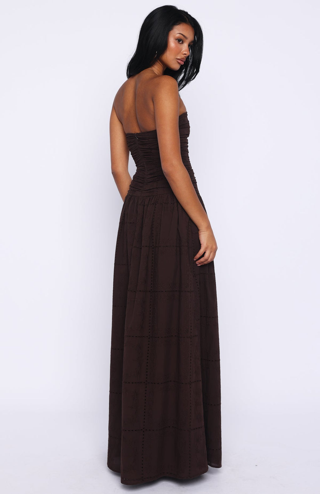 Trending Bittersweet Babe Strapless Broderie Maxi Dress Chocolate
