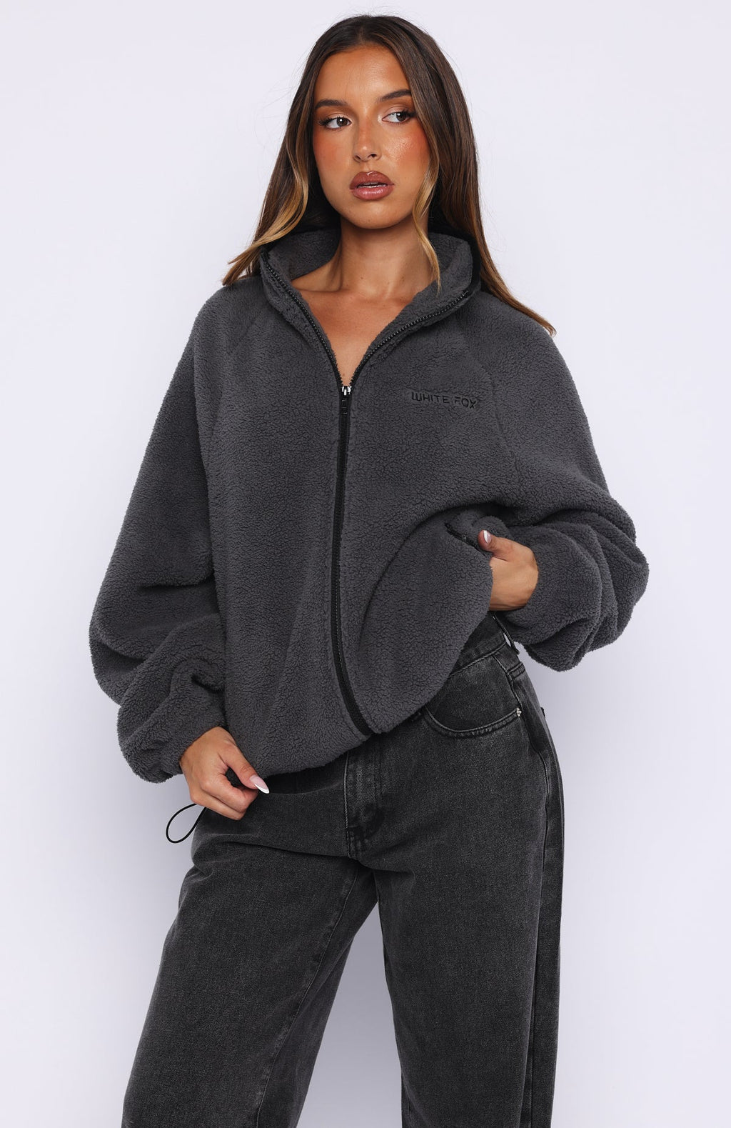 Trending Calm Before The Storm Zip Front Fleece Sweater Charcoal