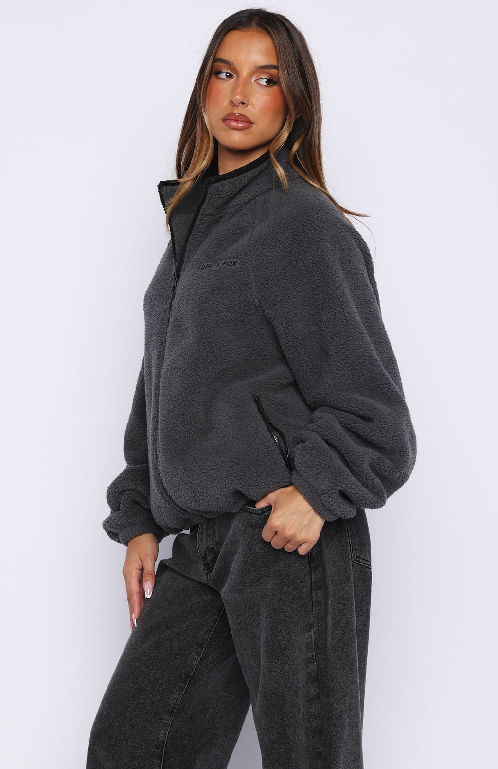 Trending Calm Before The Storm Zip Front Fleece Sweater Charcoal