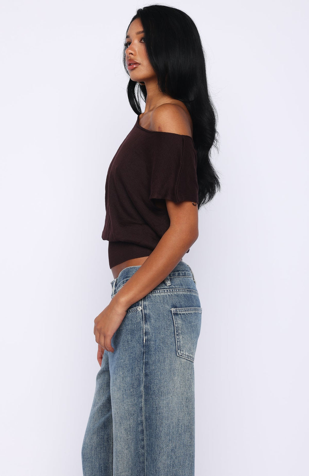 Trending Cant Change My Mind Off Shoulder Cinched Top Chocolate