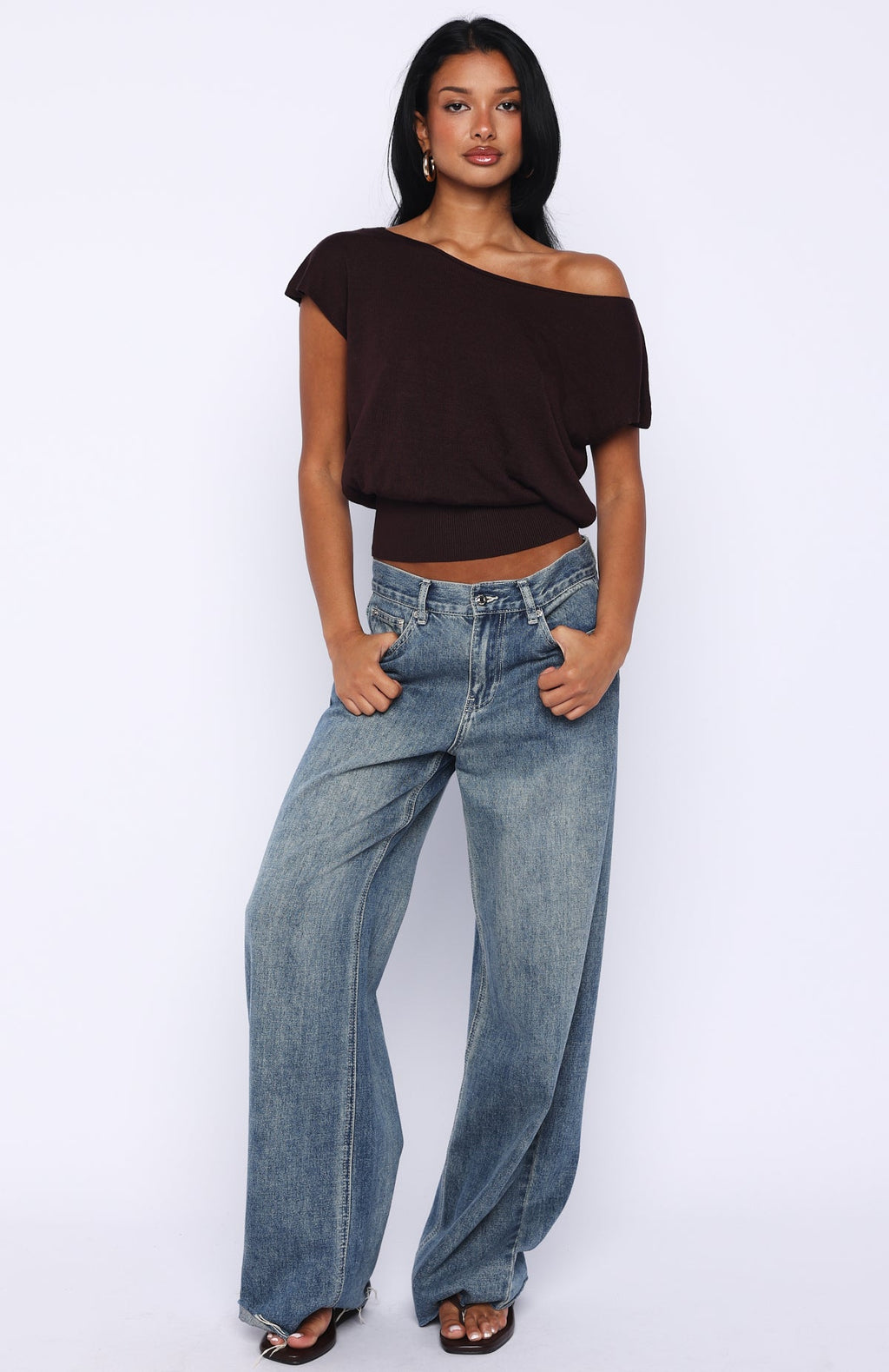 Trending Cant Change My Mind Off Shoulder Cinched Top Chocolate