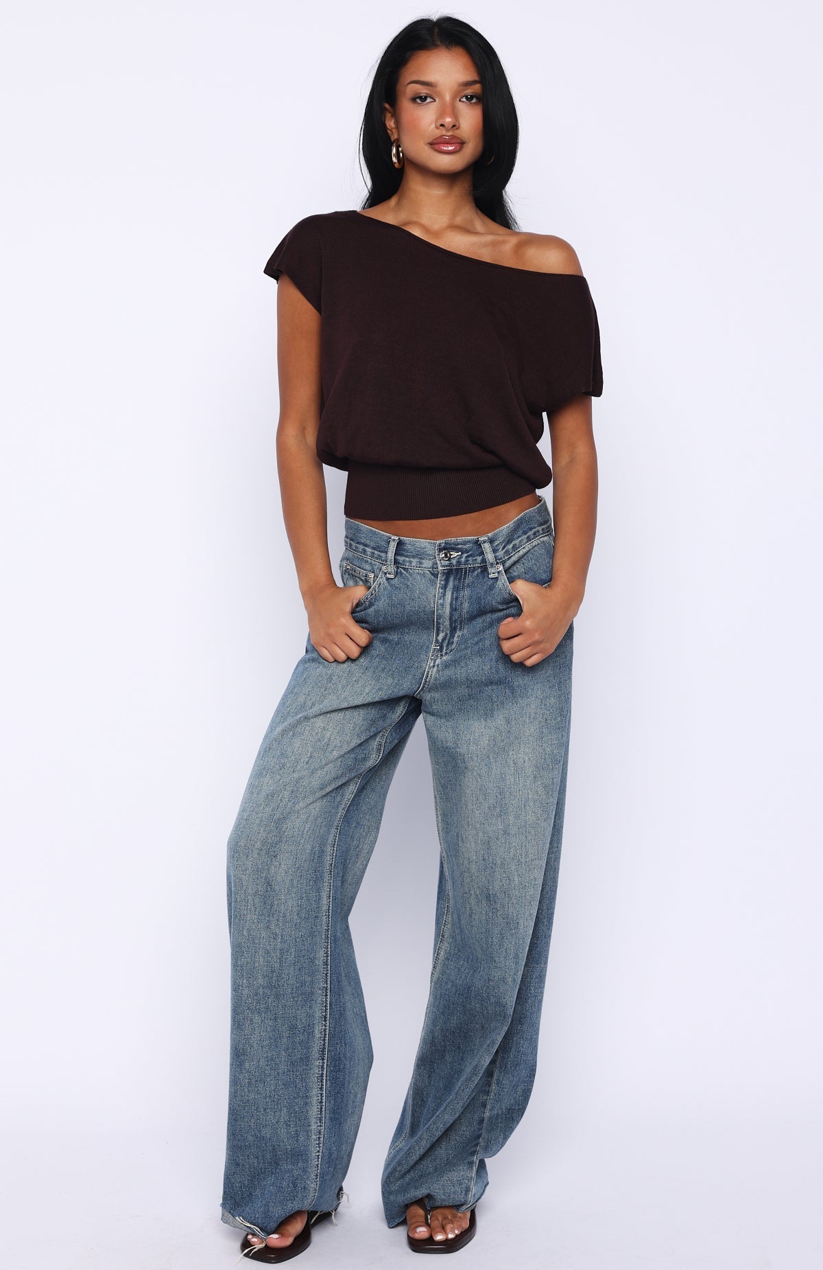Trending Cant Change My Mind Off Shoulder Cinched Top Chocolate