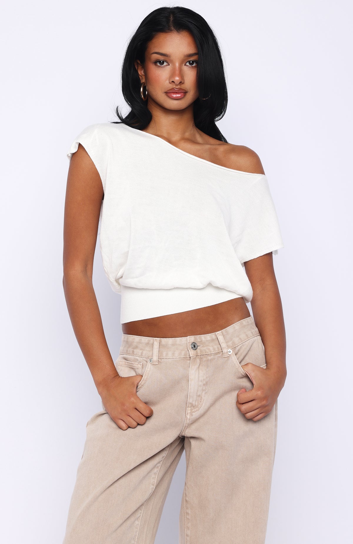 Trending Cant Change My Mind Off Shoulder Cinched Top Off White