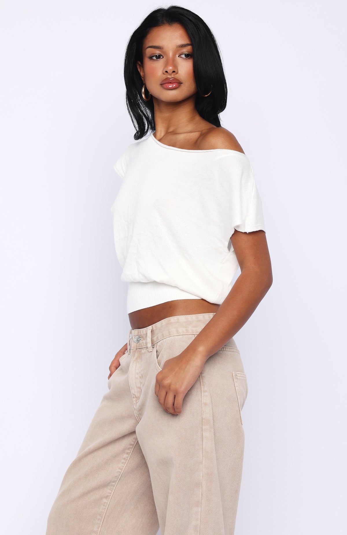 Trending Cant Change My Mind Off Shoulder Cinched Top Off White