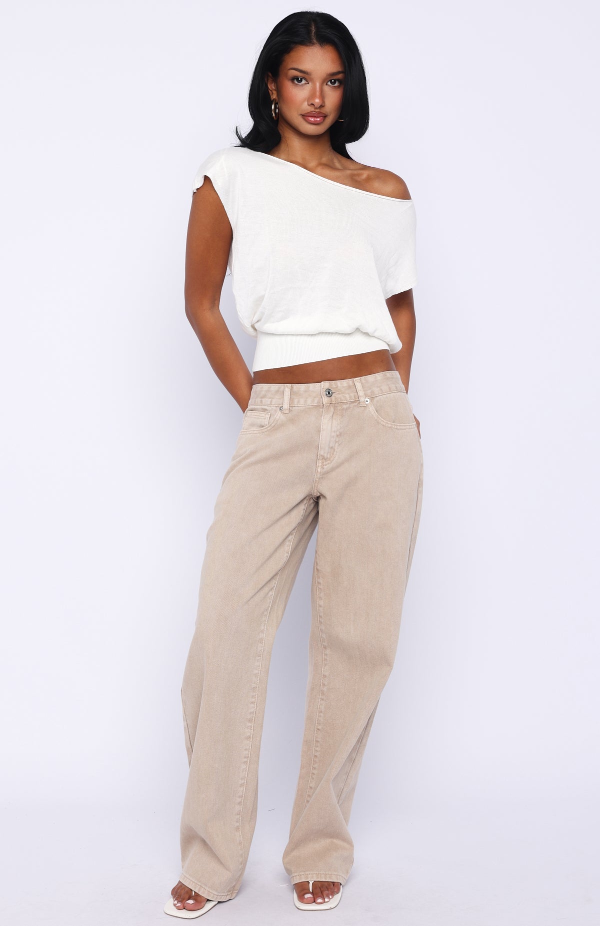 Trending Cant Change My Mind Off Shoulder Cinched Top Off White