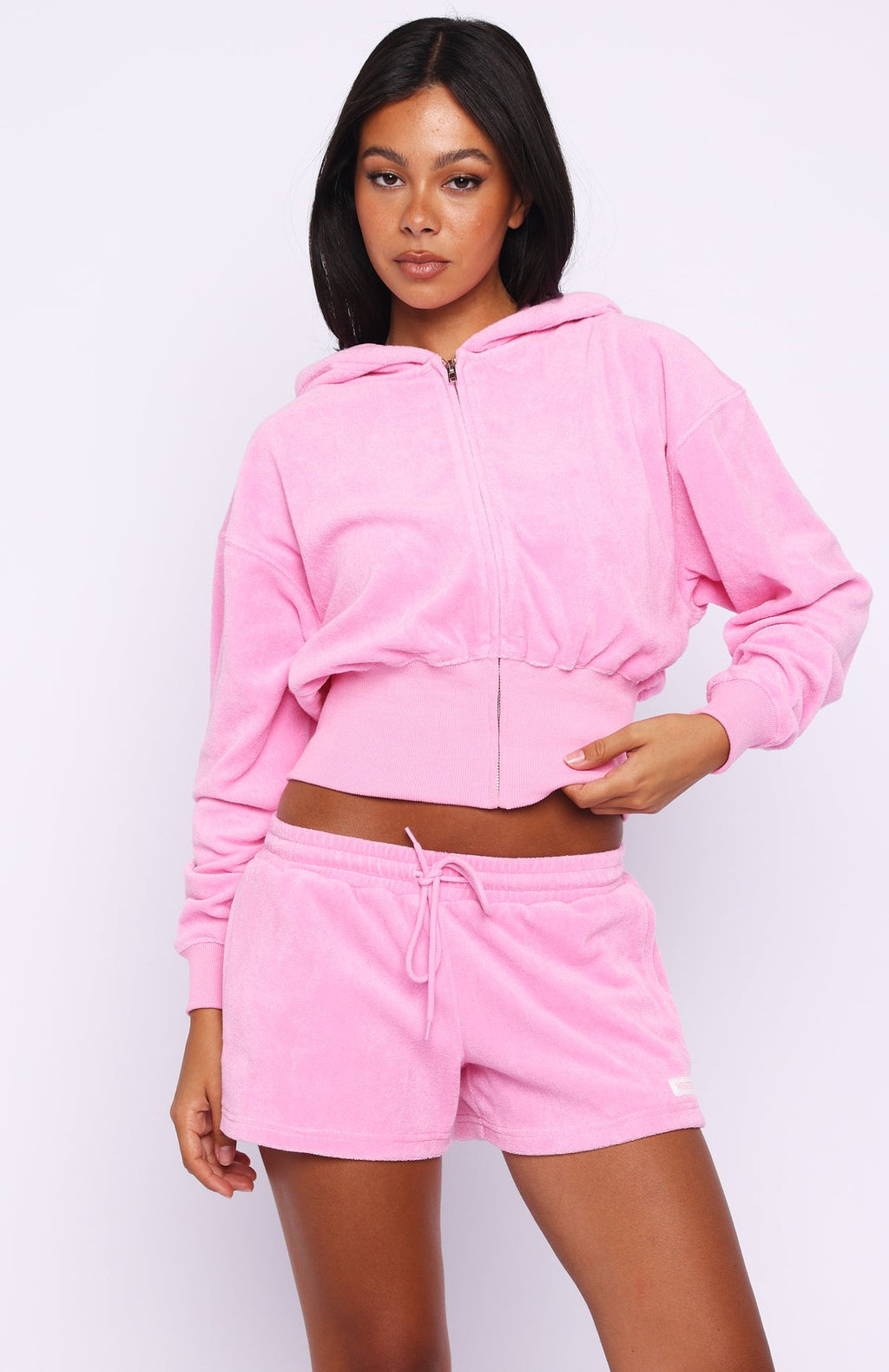 Trending Causing Commotion Terry Cropped Cinched Zip Front Hoodie Pink